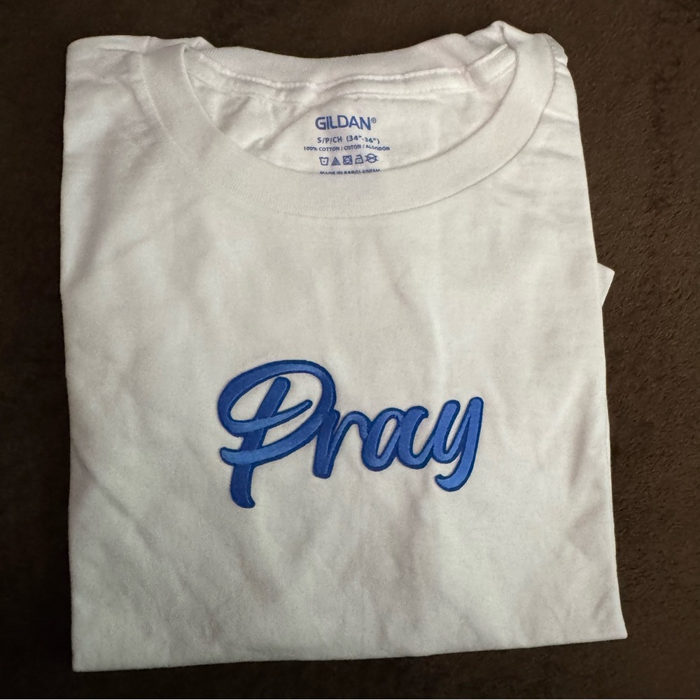 White Tee with Blue Script Design